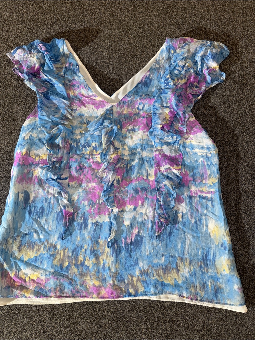 Banana Republic Blue, Purple and Yellow Ruffle V-Neck Blouse 100% Silk